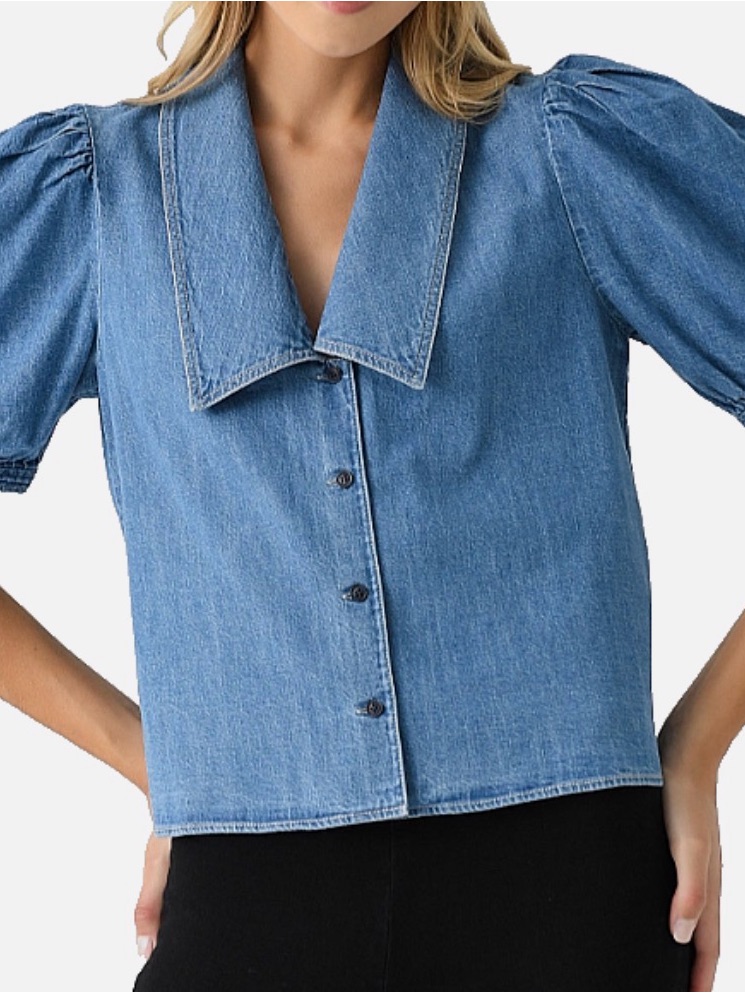 Frame Denim Light Blue Denim Puff-Sleeve Button Front Top